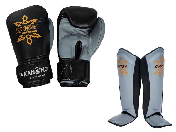 Kanong Genuine Leather Muay Thai Gloves and Shin Pads : Black/Grey 
